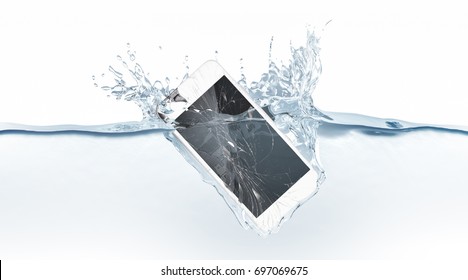 White Broken Smartphone Mock Up Sinks In Water, 3d Rendering. Mobile Smart Phone With Touch Screen Mockup Fall Under Liquid Surface. Electronic Waterproof Cellphone Falling And Dive With Splashes.