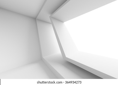 White Building Construction. Abstract Futuristic Architecture Background. Minimal Office Interior Design. Empty Room With Window. Geometric Shapes Structure. 3d Render