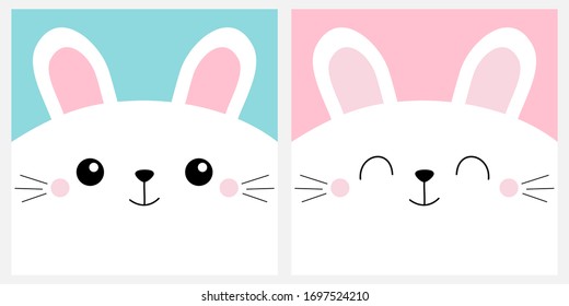 White Bunny Rabbit Head Face Square Icon Set. Cute Cartoon Kawaii Funny Character. Pet Baby Print For Notebook Cover, Greeting Card. Moustaches. Happy Easter. Flat Design. Blue Background