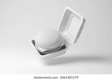 White burger in a square plastic box floating in mid air in monochrome and minimalism. 3D illustration of the concept of fast food restaurant, unhealthy junk food and disposable containers - Powered by Shutterstock