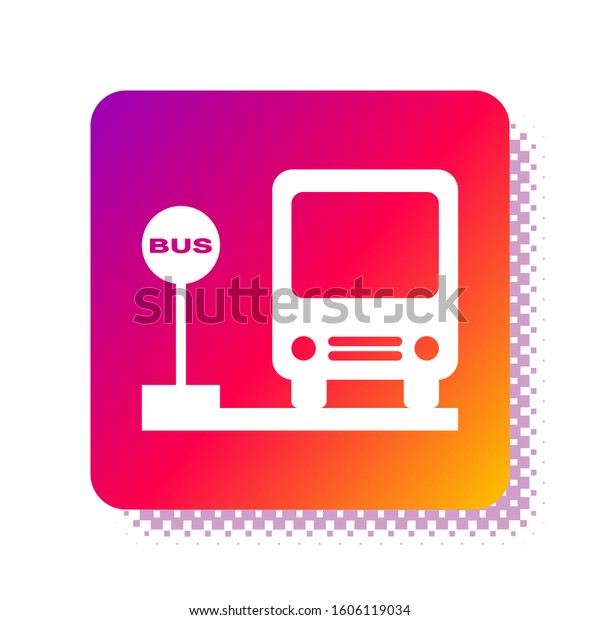 White Bus stop icon isolated on white\
background. Transportation concept. Bus tour transport sign.\
Tourism or public vehicle symbol. Square color button.\
