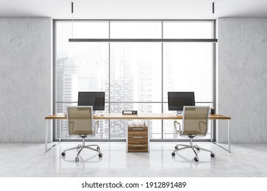 White Business Office Room With Wooden Tables And Computers, Beige Chairs On Marble Floor. Manager Open Space Room With Furniture Near Window, 3D Rendering No People