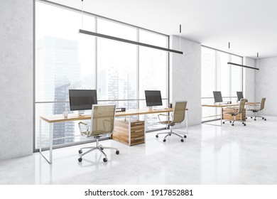 White Business Office Room With Wooden Tables And Computers, Beige Chairs On Marble Floor. Manager Open Space Room With Furniture Near Window, 3D Rendering No People