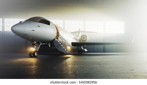 White Business Private Jet Airplane Parked At Aircraft Hangar. Luxury Tourism And Business Travel Transportation Concept. 3d Rendering
