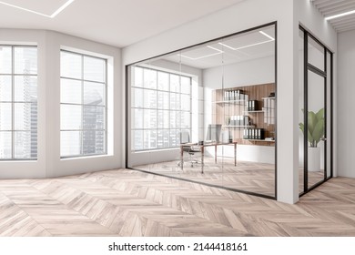 White business room interior with cabinet behind glass doors, pc computer on desk and shelf with office documents, side view, panoramic window on Singapore city view. 3D rendering