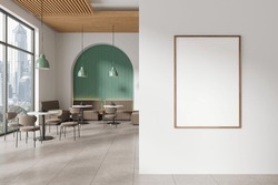 White Cafeteria Interior With Brown Chairs And Tables In Row. Stylish Restaurant Eating Space With Panoramic Window On Skyscrapers. Mock Up Empty Canvas Poster On Partition. 3D Rendering