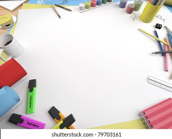 white canvas on a drawing table with lots of stationery objects making a center copy space for you text or design in a close up view