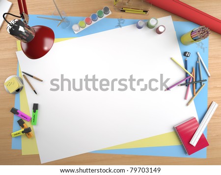 white canvas on a drawing table with lots of stationery objects making a center copy space for you text or design