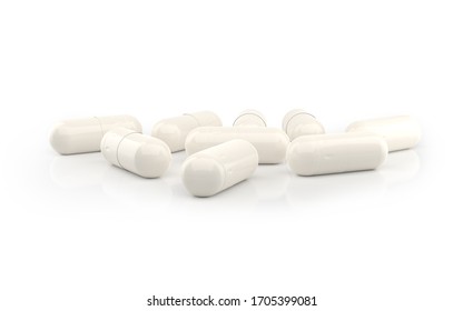 White Capsules isolated on white background. Supplements in capsules. 3d rendering. Pharmaceutical medicine pil. Painkiller white drug.

