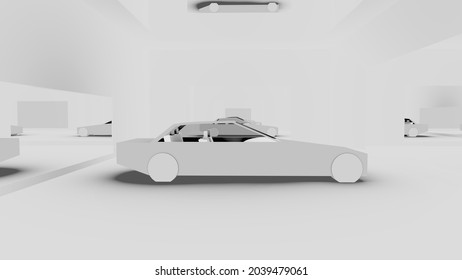 White Car Isolated Side Profile View Sedan Long With White Wheels And 4 Mirrors 3d Rendering  Illustration