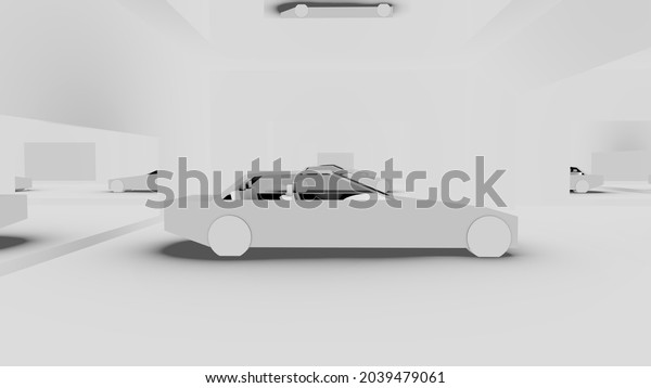 White car isolated\
side profile view sedan long with white wheels and 4 mirrors 3d\
rendering \
illustration