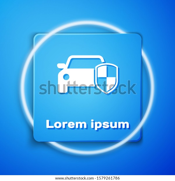 White Car protection or\
insurance icon isolated on blue background. Protect car guard\
shield. Safety badge vehicle icon. Security auto label. Blue square\
button. 