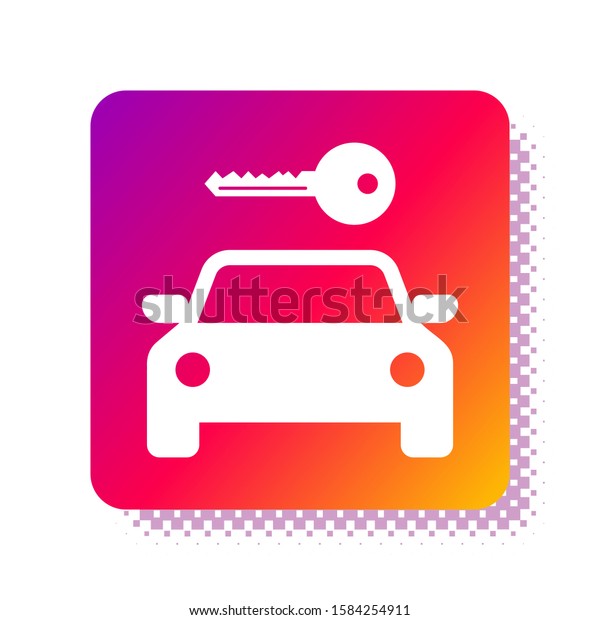 White Car rental icon isolated on\
white background. Rent a car sign. Key with car. Concept for\
automobile repair service, spare parts store. Square color button.\
