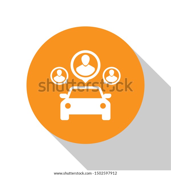 White Car sharing with group of\
people icon isolated on white background. Carsharing sign.\
Transport renting service concept. Orange circle button. Flat\
design