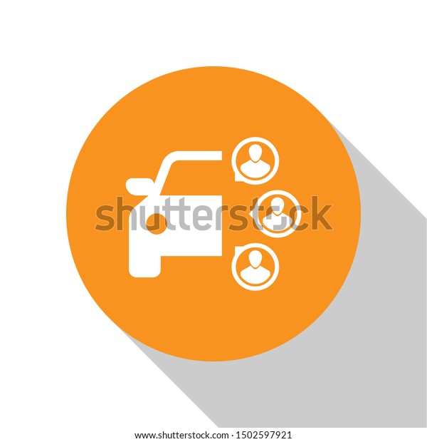 White Car sharing with group of\
people icon isolated on white background. Carsharing sign.\
Transport renting service concept. Orange circle button. Flat\
design