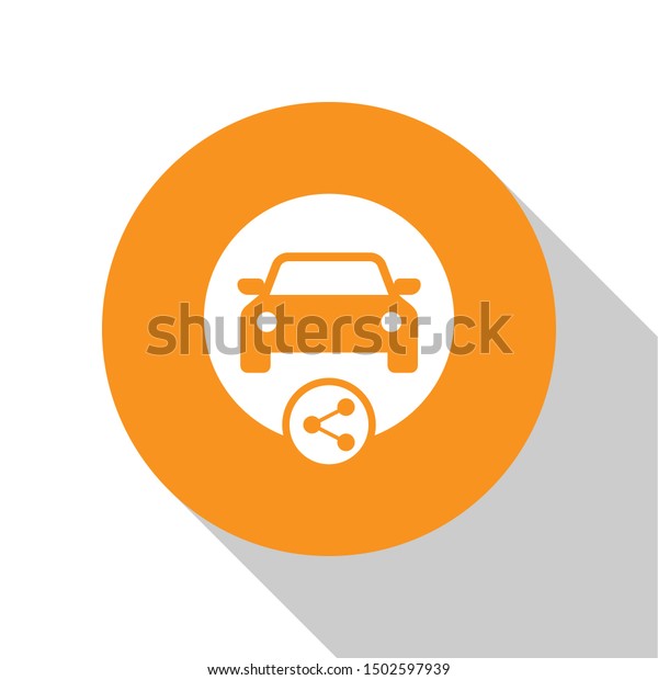 White Car sharing icon isolated on white\
background. Carsharing sign. Transport renting service concept.\
Orange circle button. Flat\
design