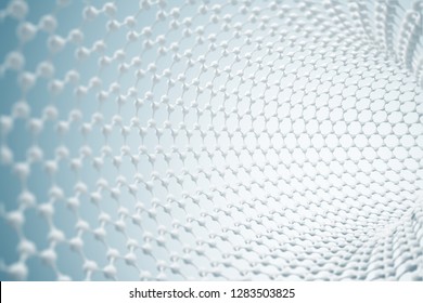 White carbon molecule atomic grid over blue background. Concept of nanotechnology and science. 3d rendering
