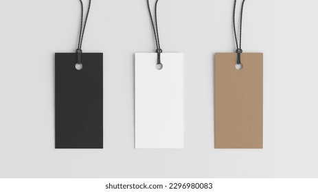 White, cardboard, black rectangular tags mockup on white background. View directly above. 3d illustration