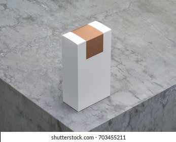 White Cardboard Box Mockup With Gold Sticker On Top Side On Concrete Table, 3d Rendering