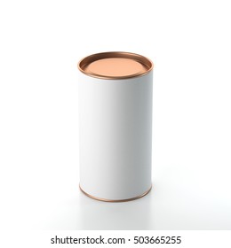 White Cardboard Tin Can Packaging Mockup With Metal Copper Lid. Tea, Coffee, Dry Products, Gift Box. 3d Rendering