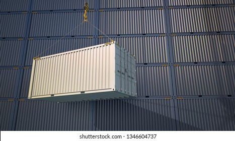 White Cargo Container At A Loading Crane. Stack Of Cargo Containers In A Docks. 3d Illustration.