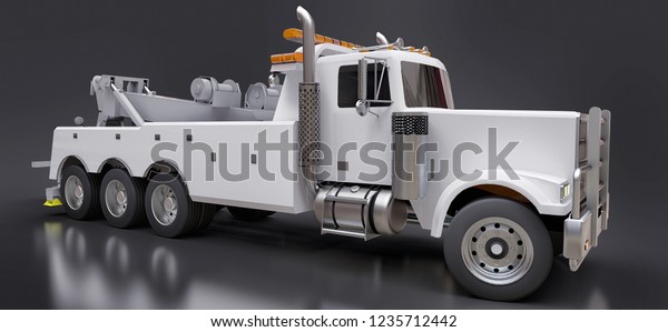 White cargo tow truck to\
transport other big trucks or various heavy machinery. 3d\
rendering.