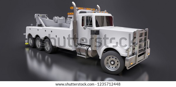 White cargo tow truck to\
transport other big trucks or various heavy machinery. 3d\
rendering.