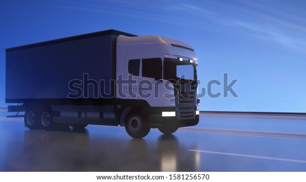 White cargo\
truck moving on highway. 3D\
rendering.