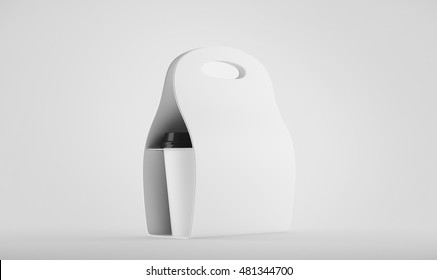 White carton bag for carrying paper coffee cup standing in white space. Concept of energetic beverage and staying awake. 3d rendering. Toned image. Mock up