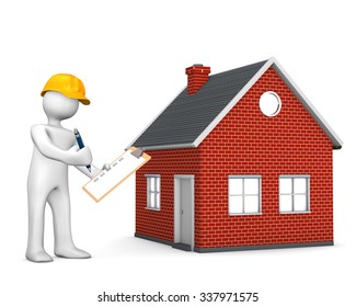 White cartoon character with checklist and house on the white.