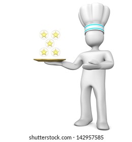 White Cartoon Character As Five-star Chef With Golden Stars. White Background.