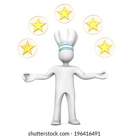 White Cartoon Character As Five-star Chef With Golden Stars. White Background.