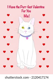 White cartoon kitten with heterochromia, odd-eyes, wearing a collar sitting, surrounded by read hearts on a pink background. Punny text I have the purr-fect Valentine fur you. Me! on the front.