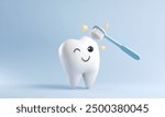 White cartoon Tooth with toothbrush, dental character or mascot,Oral health and dental inspection teeth, 3d rendering.