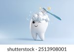 White cartoon Tooth with toothbrush, dental character or mascot,Oral health and dental inspection teeth, 3d rendering.