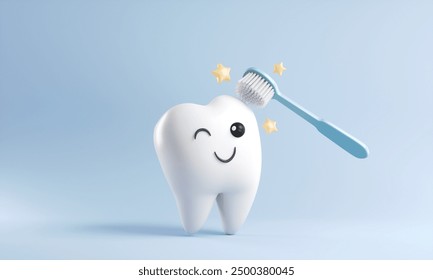 White cartoon Tooth with toothbrush, dental character or mascot,Oral health and dental inspection teeth, 3d rendering.