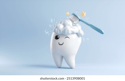 White cartoon Tooth with toothbrush, dental character or mascot,Oral health and dental inspection teeth, 3d rendering. - Powered by Shutterstock