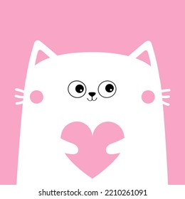 White Cat Kitten Kitty Head Face Holding Pink Heart. Happy Valentines Day. Cute Cartoon Kawaii Funny Animal Character. Flat Design. Love Card. Sticker Print. Pink Background. Isolated. 