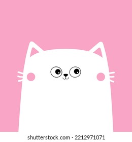 White Cat Kitten Kitty Head Face. Happy Valentines Day. Cute Cartoon Kawaii Funny Animal Character. Flat Design. Love Card. Sticker Print. Pink Background. Isolated. 