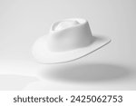 White cattleman hat floating in mid air on white background in monochrome and minimalism. 3D illustration of the concept of men fashion and western cowboy