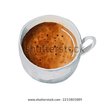 White ceramic cup of hot espresso coffee. Watercolor hand drawn illustration isolated on white background.