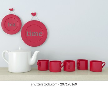 White ceramic kitchenware on the shelf in front of blue wall.