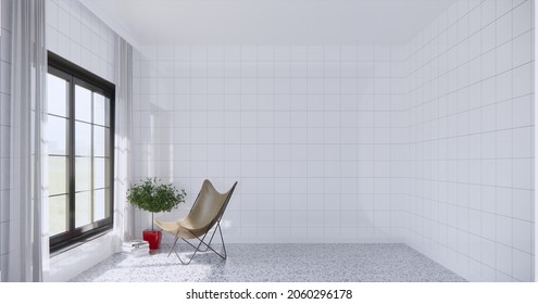 White Ceramic Tile Wall Idea Of The Minimal Living Room With Leather Lounge Chair And Plant On The Floor. Light Sense In Window. Home Background Interior. 3D Illustration