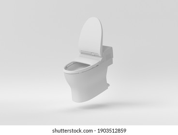 White ceramic toilet bowl floating on white background. minimal concept idea. monochrome. 3d render.
