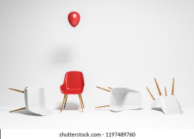 White Chairs Lying On White Room Floor. Red Chair With A Balloon Standing. Concept Of Being Unique And Strong In Life And Business. 3d Rendering Copy Space