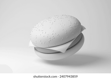 White cheeseburger floating in mid air on white background in monochrome and minimalism. 3D illustration of the concept of fast food and junk food - Powered by Shutterstock