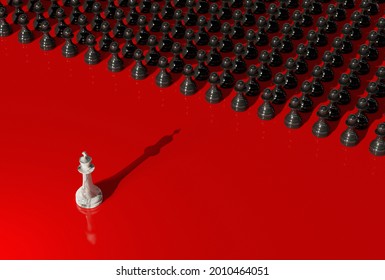 White Chess King Facing An Army Of Black Pawns. Power Struggle, Coup, Class Conflict Concept. Digital 3D Rendering.