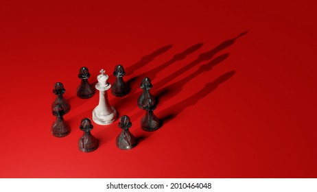 White Chess King Surrounded By Black Pawns. Power Struggle, Coup, Class Conflict Concept. Digital 3D Rendering.