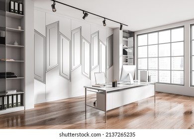 White chief executive interior with pc computer on desk, shelf with folders, side view, hardwood floor. Panoramic window on city view. 3D rendering