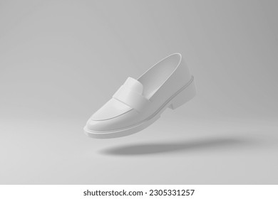 White chunky loafer shoes floating in mid air with shadow on white background in monochrome. 3D illustration of the concept of footwear, menswear and fashion - Powered by Shutterstock